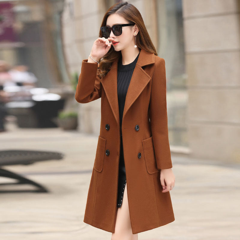 2021 new winter Korean version slim fit, fashionable temperament, mid-length waisted woolen coat, women's woolen coat