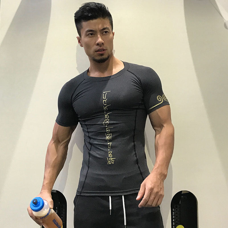 Factory direct sales new summer casual printing tight-fitting running fitness clothes for men, high elastic, breathable, sweat-absorbent, short-sleeved men