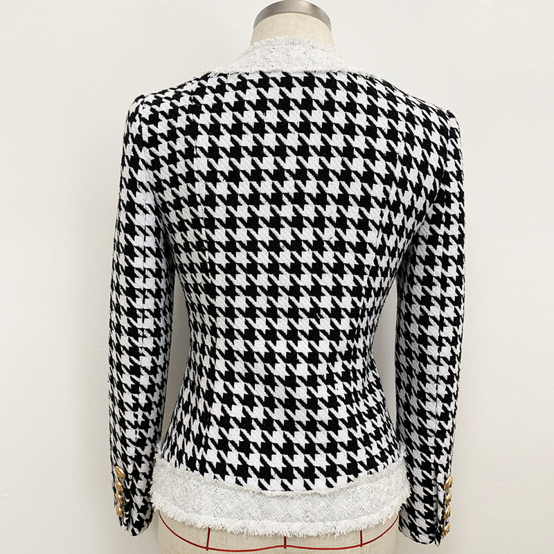 Spot 2022 autumn and winter European and American foreign trade star round neck zipper houndstooth fringed tweed jacket short coat