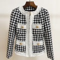 Spot 2022 autumn and winter European and American foreign trade star round neck zipper houndstooth fringed tweed jacket short coat