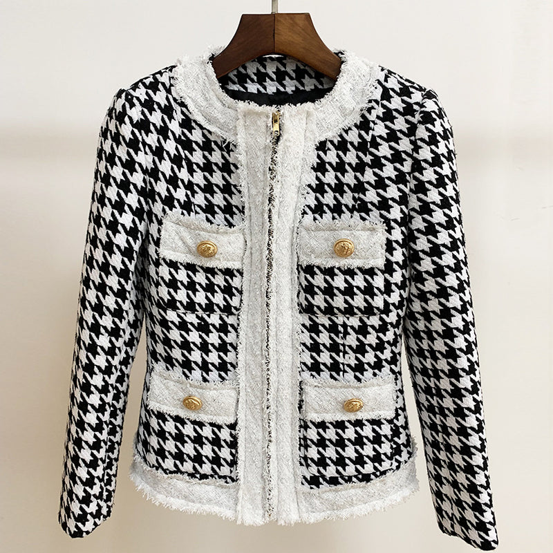 Spot 2022 autumn and winter European and American foreign trade star round neck zipper houndstooth fringed tweed jacket short coat
