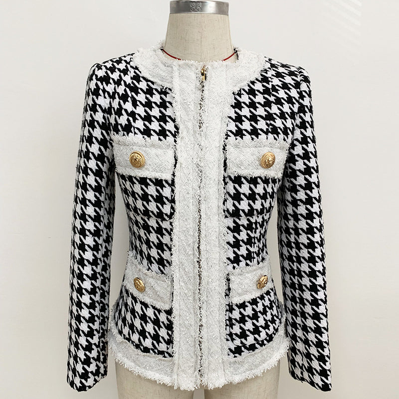 Spot 2022 autumn and winter European and American foreign trade star round neck zipper houndstooth fringed tweed jacket short coat