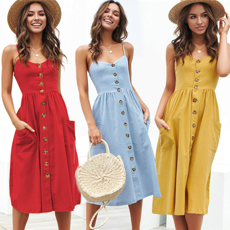 AliExpress 2019 summer European and American new cross-border hot selling sexy suspenders button backless dress female 8022