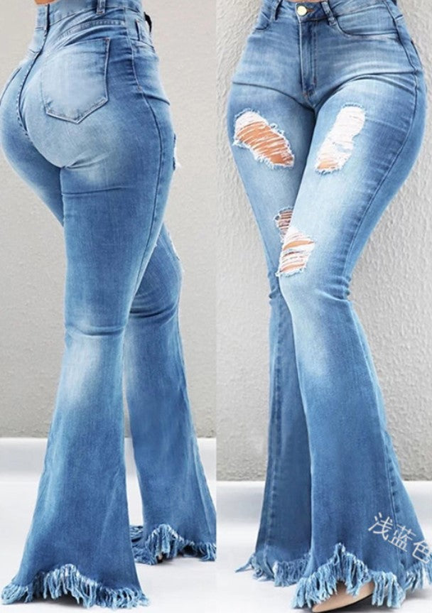 Cool fashion personality, worn-out holes, white high-waisted jeans, thin, fringed fringe, weird denim jeans, ladies trousers