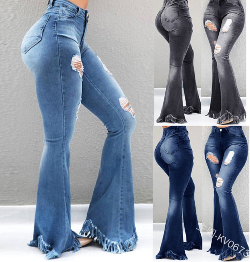 Cool fashion personality, worn-out holes, white high-waisted jeans, thin, fringed fringe, weird denim jeans, ladies trousers