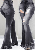 Cool fashion personality, worn-out holes, white high-waisted jeans, thin, fringed fringe, weird denim jeans, ladies trousers
