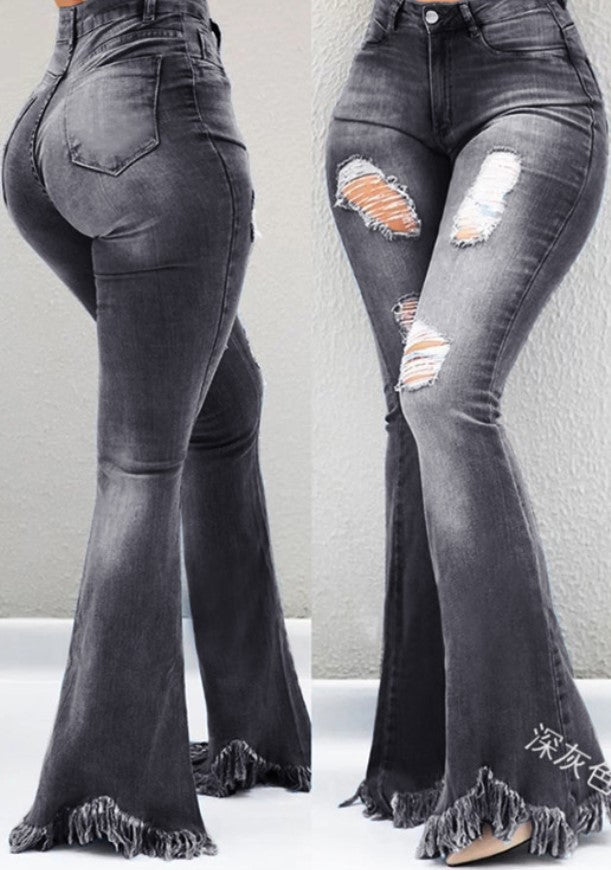 Cool fashion personality, worn-out holes, white high-waisted jeans, thin, fringed fringe, weird denim jeans, ladies trousers