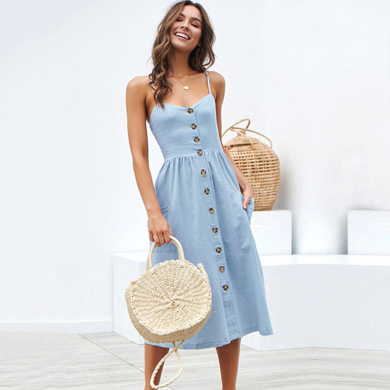 AliExpress 2019 summer European and American new cross-border hot selling sexy suspenders button backless dress female 8022