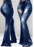 Cool fashion personality, worn-out holes, white high-waisted jeans, thin, fringed fringe, weird denim jeans, ladies trousers