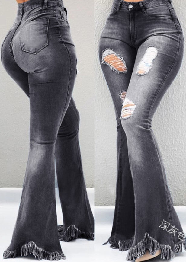 Cool fashion personality, worn-out holes, white high-waisted jeans, thin, fringed fringe, weird denim jeans, ladies trousers