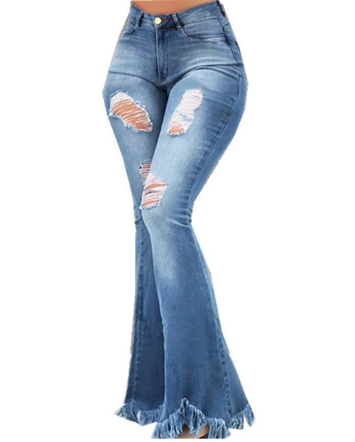Cool fashion personality, worn-out holes, white high-waisted jeans, thin, fringed fringe, weird denim jeans, ladies trousers
