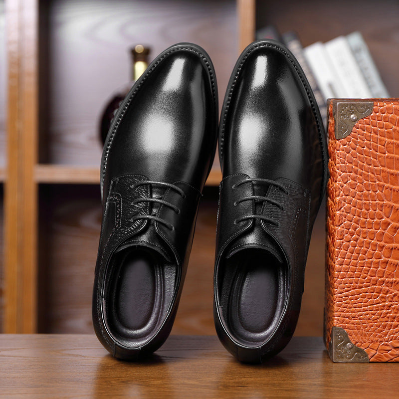 Business formal leather shoes men's pointed toe British casual shoes genuine leather inner height increase versatile trendy wedding shoes men's soft sole