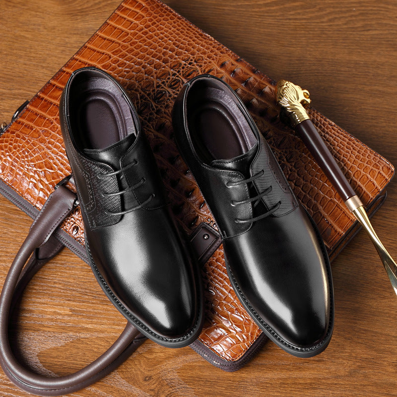 Business formal leather shoes men's pointed toe British casual shoes genuine leather inner height increase versatile trendy wedding shoes men's soft sole