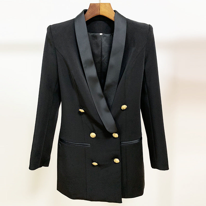 Foreign trade quality 2022 star new coat skirt fashion lion buckle satin green fruit collar suit dress