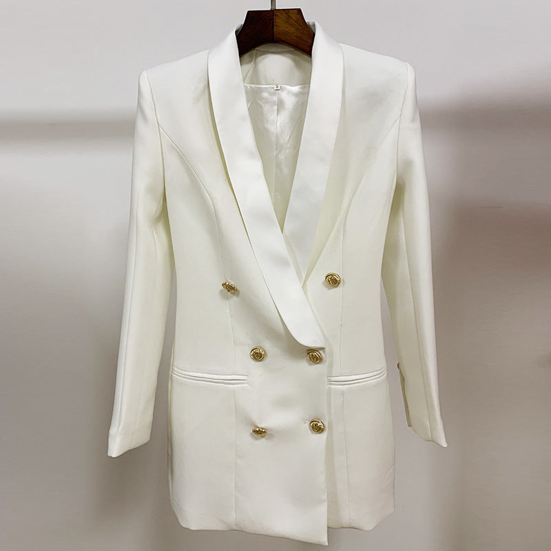 Foreign trade quality 2022 star new coat skirt fashion lion buckle satin green fruit collar suit dress