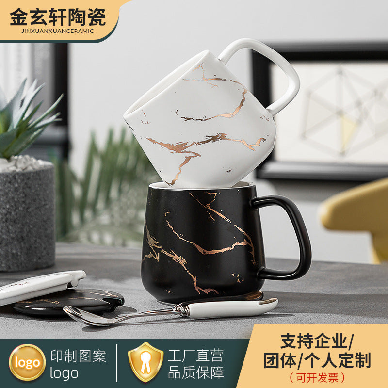 Creative simple marble pattern breakfast cup with lid office practical gift mug customization