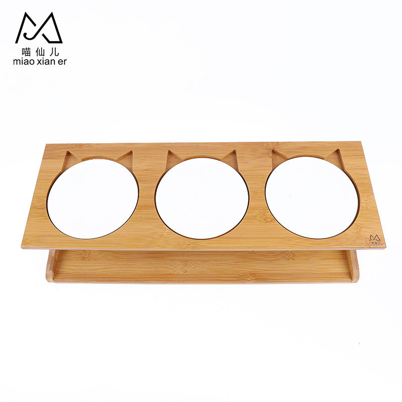 Miaoxianer cat bowl ceramic solid wood stand dog bowl pet bowl three bowl neck guard high foot oblique mouth cat bowl cat supplies wholesale