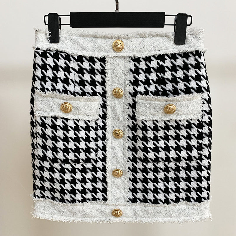 Spot 2022 autumn and winter European and American foreign trade star round neck zipper houndstooth fringed tweed jacket short coat