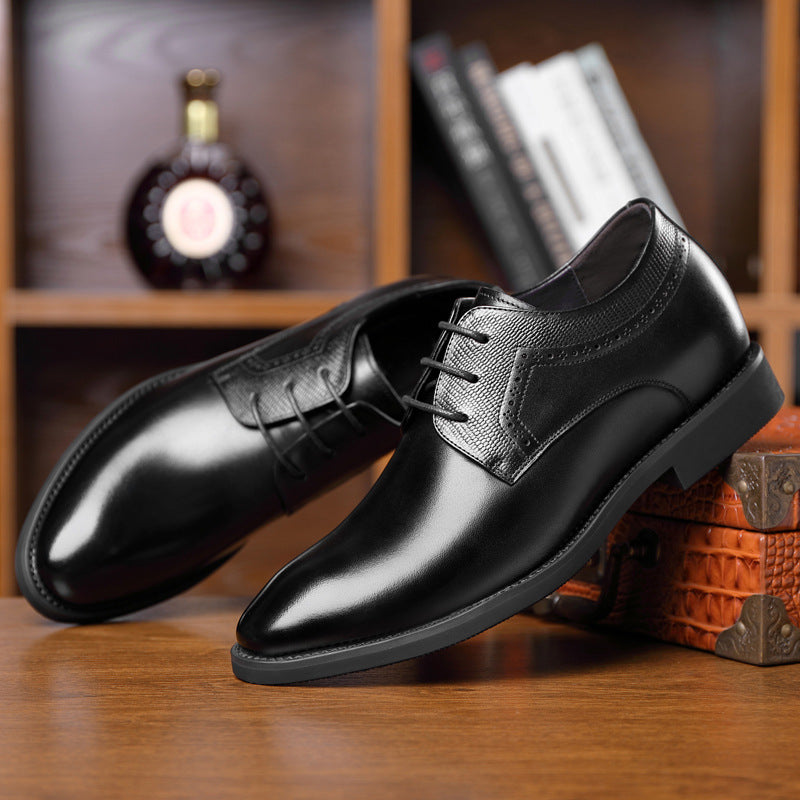 Business formal leather shoes men's pointed toe British casual shoes genuine leather inner height increase versatile trendy wedding shoes men's soft sole