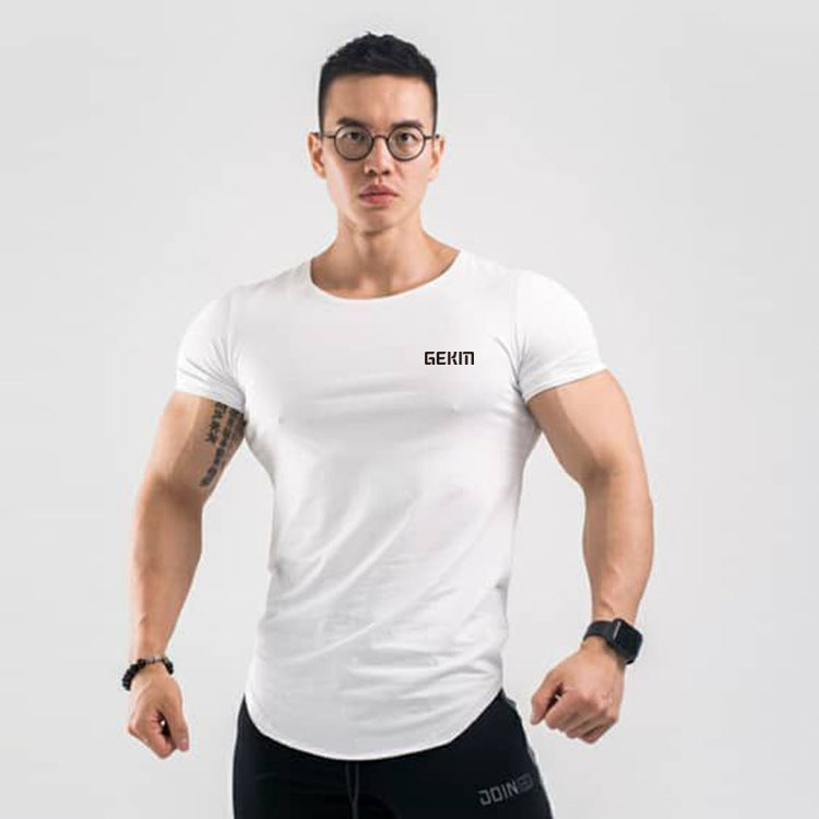 Sports t-shirt men's short-sleeved loose European and American t-shirt curved hem fitness trend running quick-drying breathable top