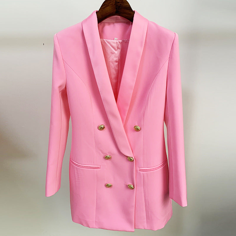 Foreign trade quality 2022 star new coat skirt fashion lion buckle satin green fruit collar suit dress