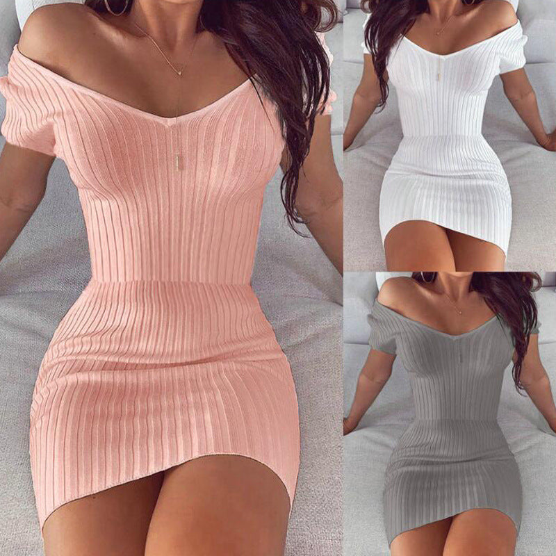 Sexy waisted temperament V-neck solid color slim short-sleeved dress with hip pits