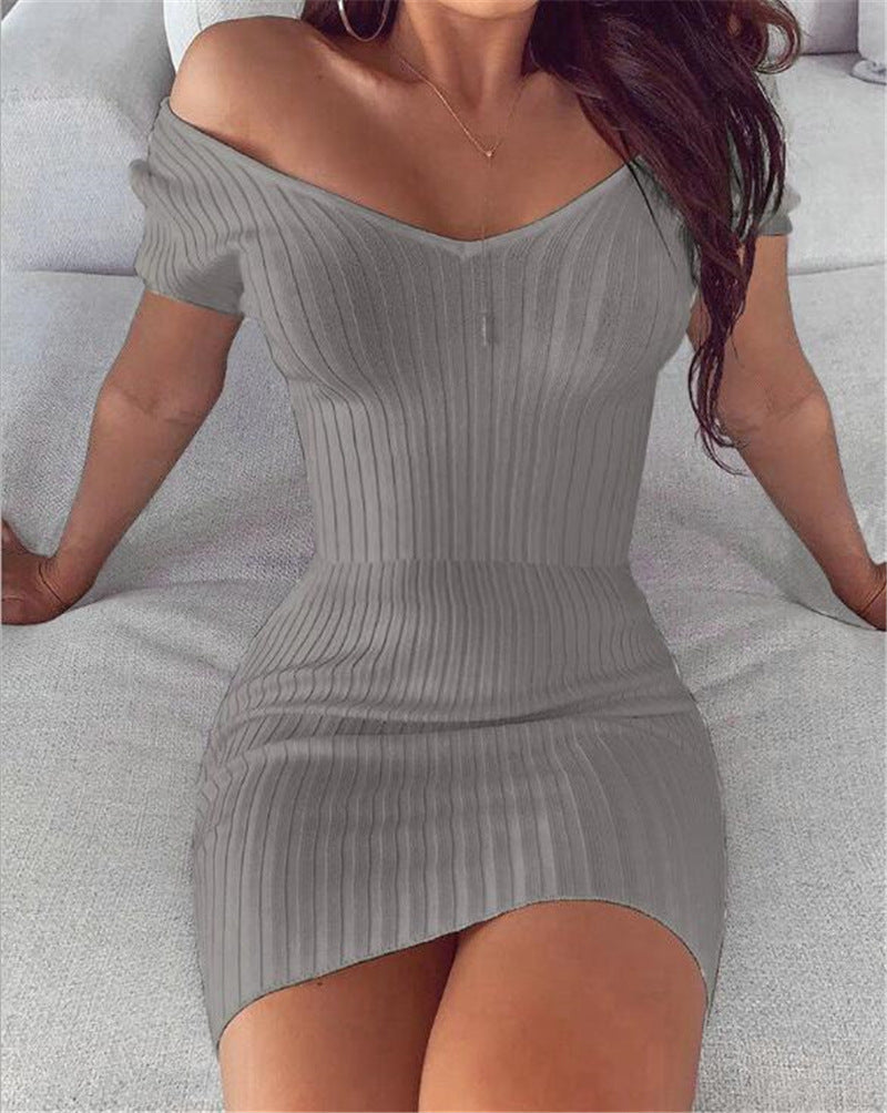 Sexy waisted temperament V-neck solid color slim short-sleeved dress with hip pits
