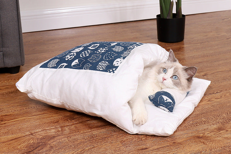 Japanese Cat Bed Warm Cat Sleeping Bag Deep Sleep Winter Removable Pet Dog Bed House Cats Nest Cushion with pillow