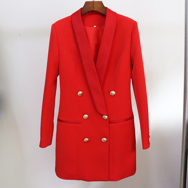 Foreign trade quality 2022 star new coat skirt fashion lion buckle satin green fruit collar suit dress