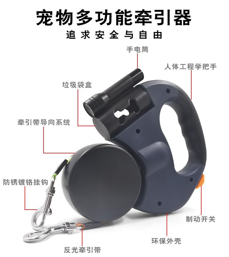 Automatic retractable leash with LED flashlight, one drag, two double heads, dog leash, dog chain, pet supplies manufacturer