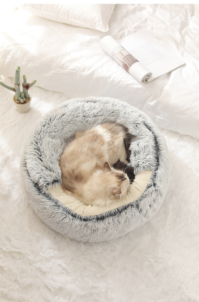 Crystal velvet warm round half-pack cat litter pet kennel deep sleep plush round nest sleeping bag semi-closed cat litter