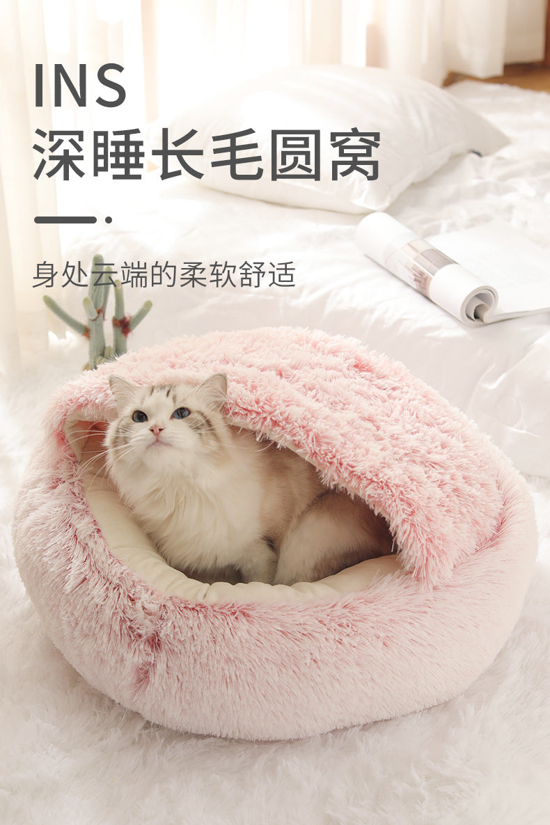 Crystal velvet warm round half-pack cat litter pet kennel deep sleep plush round nest sleeping bag semi-closed cat litter