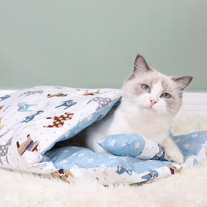 Japanese Cat Bed Warm Cat Sleeping Bag Deep Sleep Winter Removable Pet Dog Bed House Cats Nest Cushion with pillow