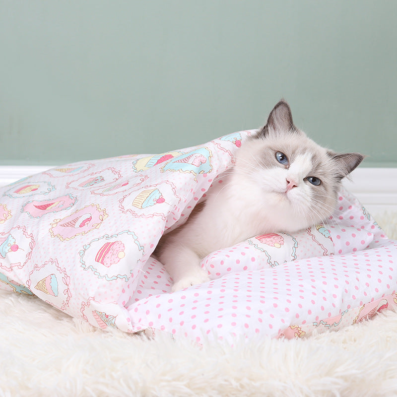 Japanese Cat Bed Warm Cat Sleeping Bag Deep Sleep Winter Removable Pet Dog Bed House Cats Nest Cushion with pillow