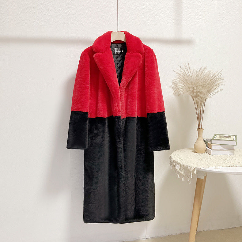 Winter loose mink velvet faux fur stitching mid-length coat furry suit collar women's coat