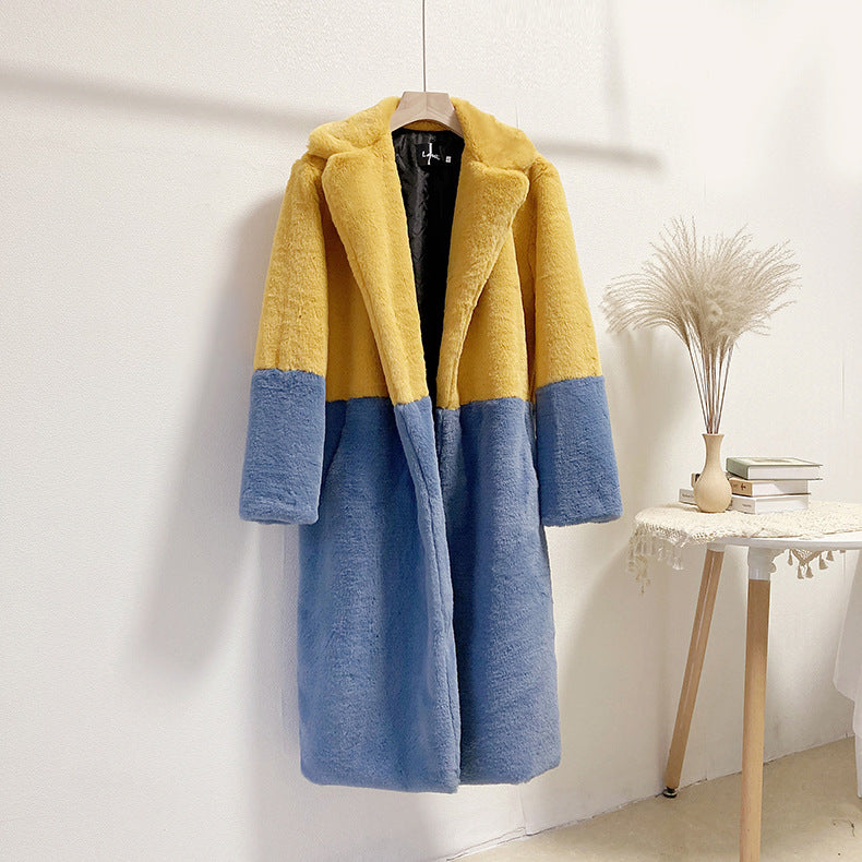 Winter loose mink velvet faux fur stitching mid-length coat furry suit collar women's coat