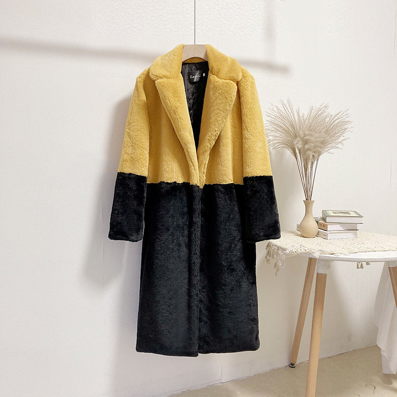 Winter loose mink velvet faux fur stitching mid-length coat furry suit collar women's coat