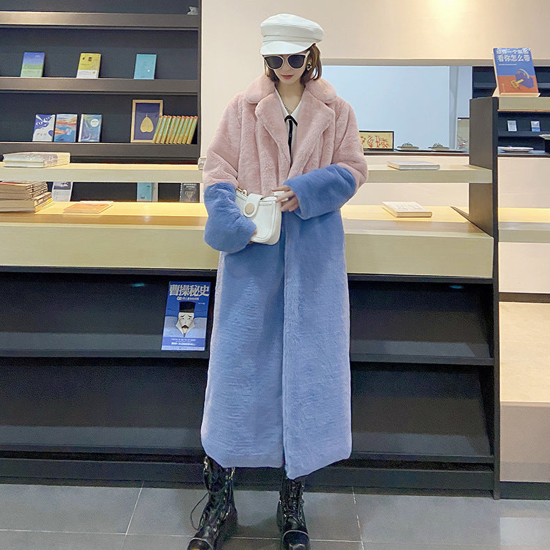 Winter loose mink velvet faux fur stitching mid-length coat furry suit collar women's coat