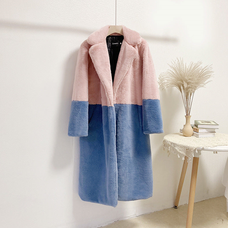 Winter loose mink velvet faux fur stitching mid-length coat furry suit collar women's coat