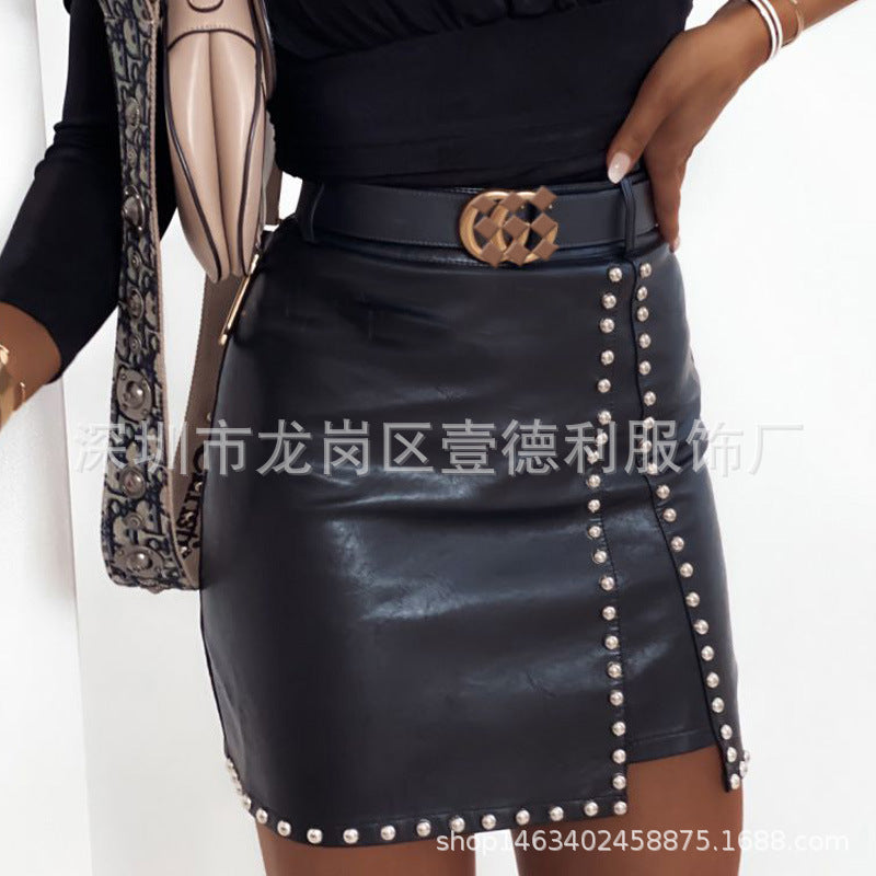 Amazon women's leather skirt explosion sexy leather beaded skirt split bag hip skirt autumn and winter new SU2274