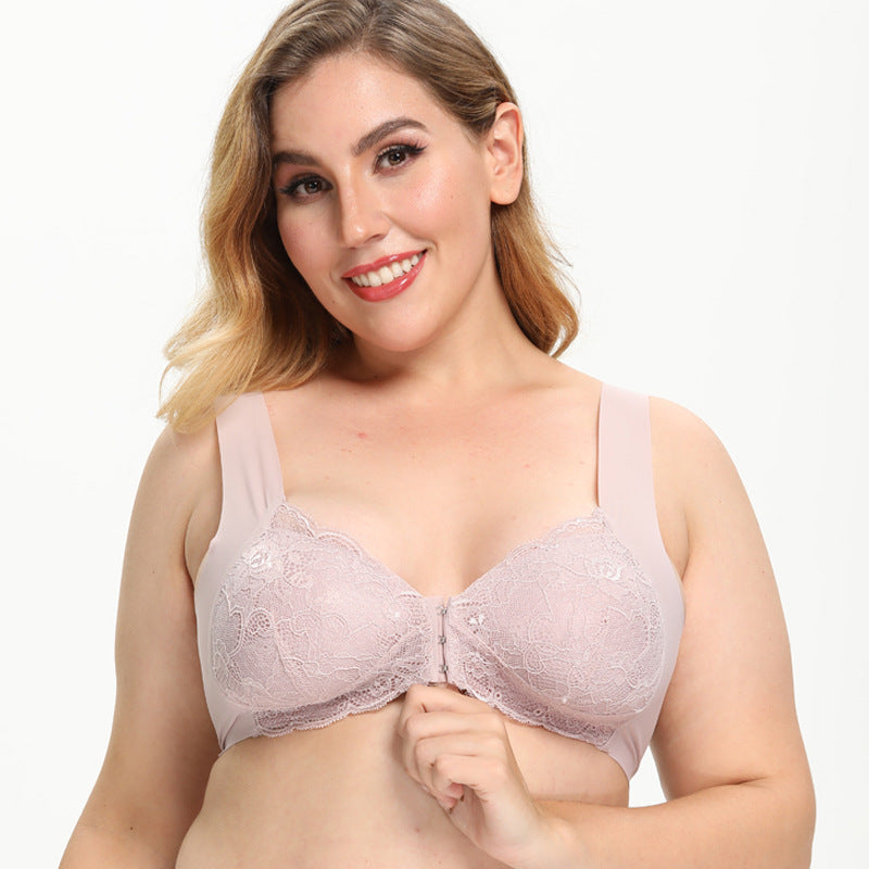 Cross-border plus size underwear without steel ring bra front buckle seamless vest lace beautiful back plus size underwear nursing bra