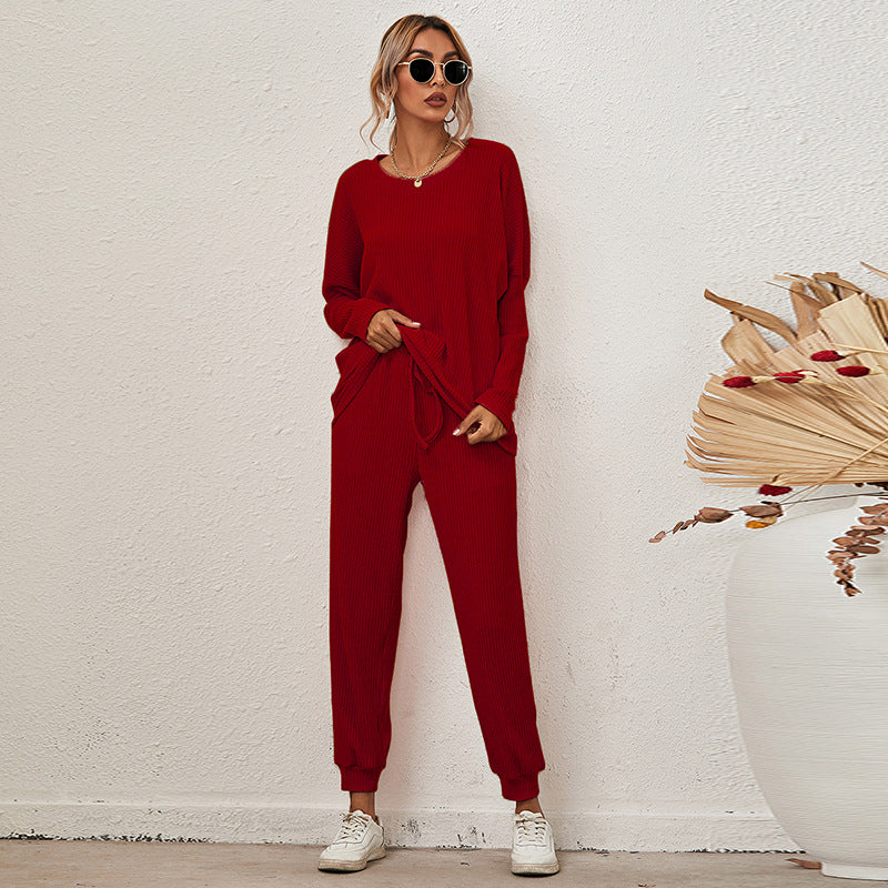 Cross-border Amazon 2020 autumn and winter new style European and American solid color long-sleeved loose casual suit women's home wear pajamas