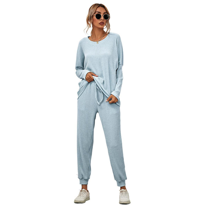 Cross-border Amazon 2020 autumn and winter new style European and American solid color long-sleeved loose casual suit women's home wear pajamas