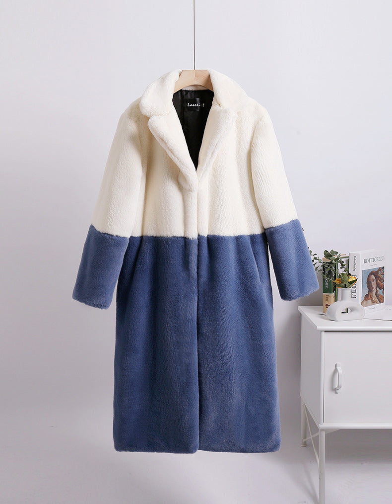 Winter loose mink velvet faux fur stitching mid-length coat furry suit collar women's coat
