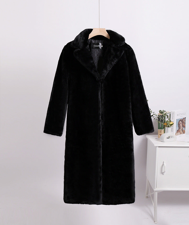 Winter loose mink velvet faux fur stitching mid-length coat furry suit collar women's coat