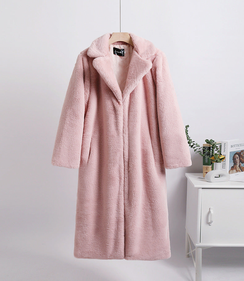 Winter loose mink velvet faux fur stitching mid-length coat furry suit collar women's coat