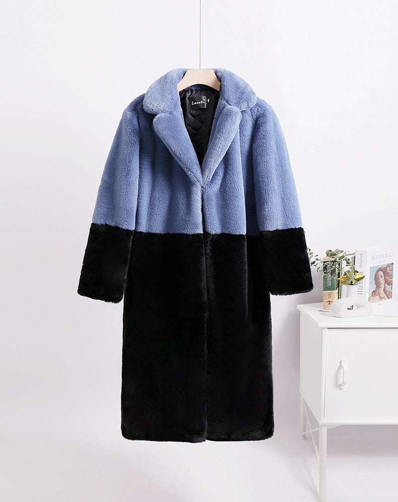Winter loose mink velvet faux fur stitching mid-length coat furry suit collar women's coat