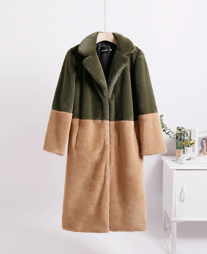 Winter loose mink velvet faux fur stitching mid-length coat furry suit collar women's coat