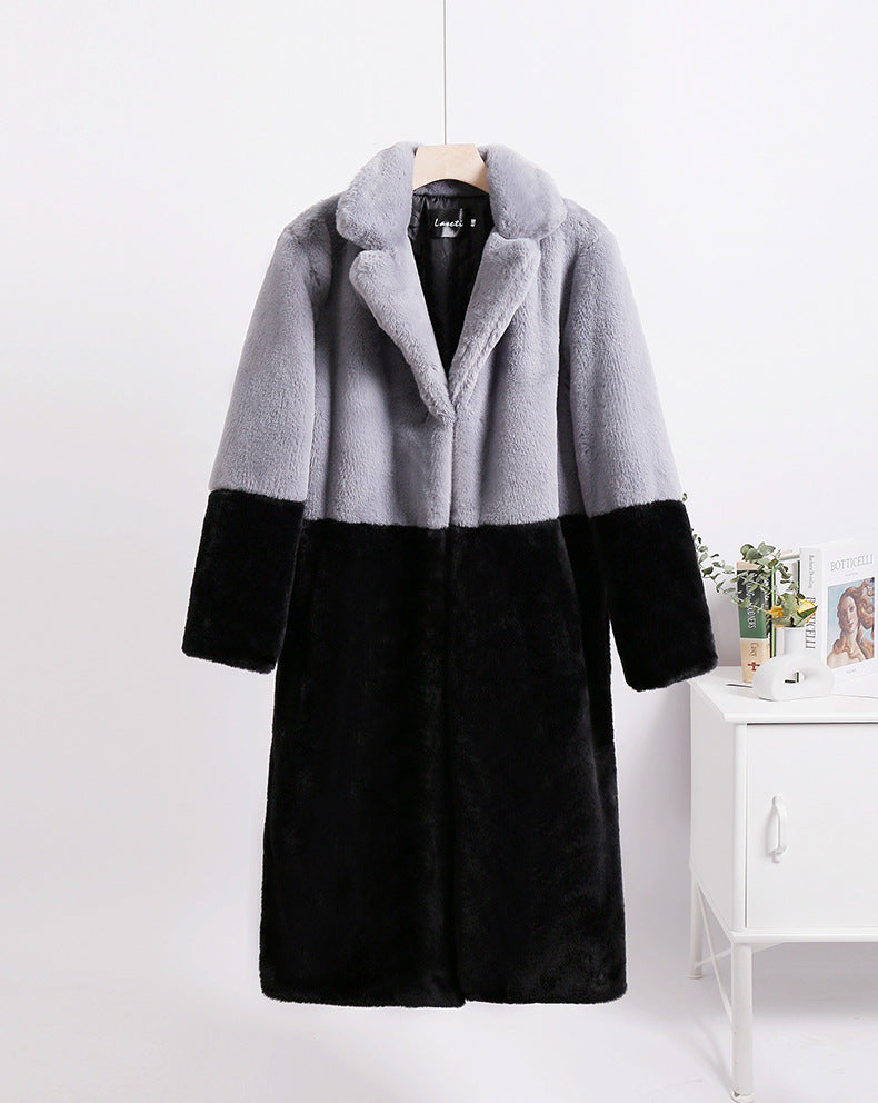 Winter loose mink velvet faux fur stitching mid-length coat furry suit collar women's coat