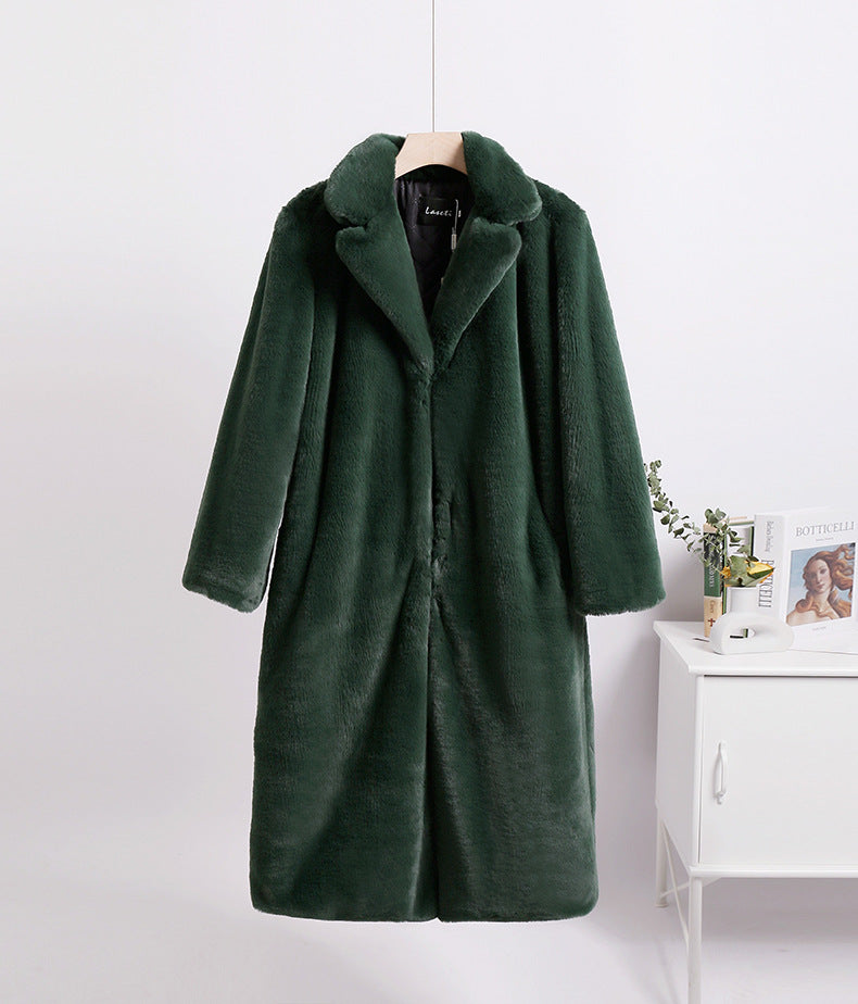 Winter loose mink velvet faux fur stitching mid-length coat furry suit collar women's coat
